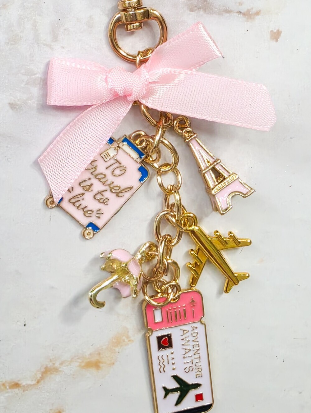 Coquette Travel Keychain Pink Bow Airplane Eiffel Tower Charm Bag Charm - Picture 6 of 7
